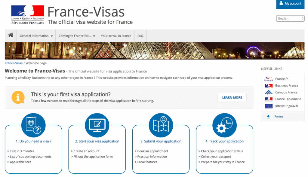 screenshot of France visa website