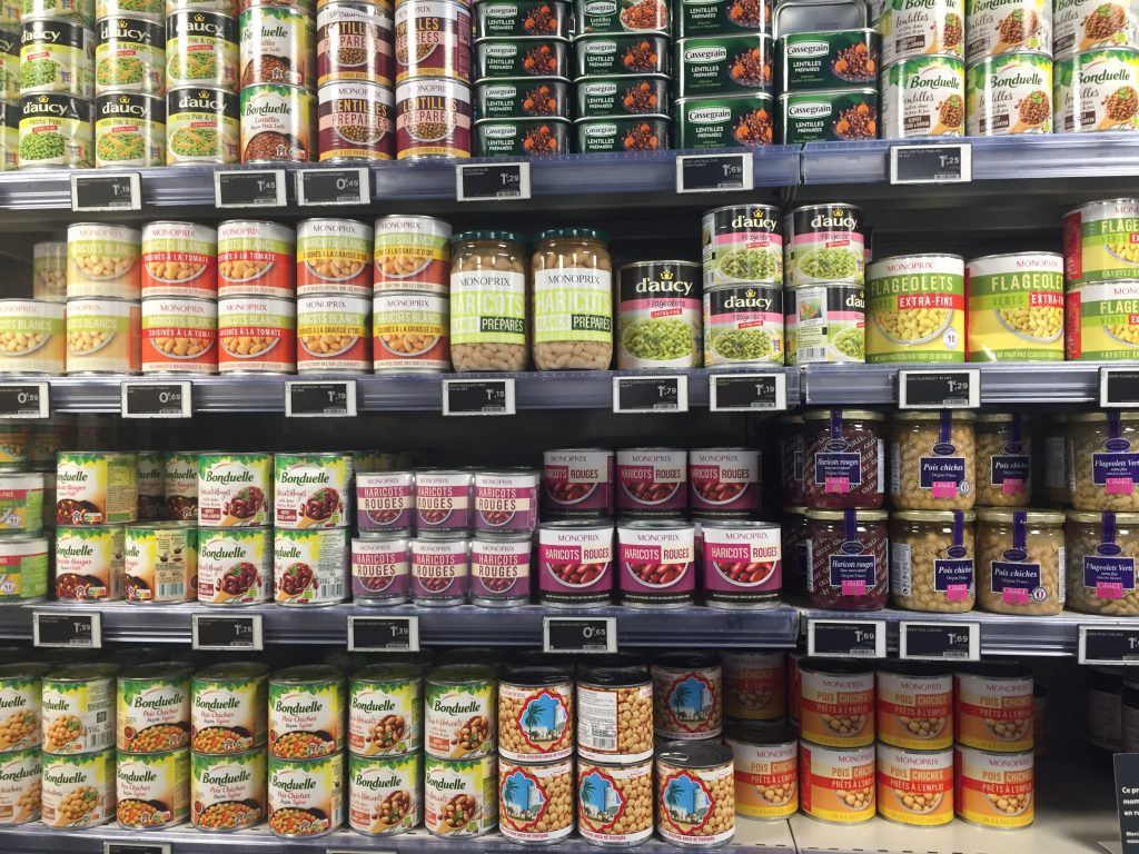 canned bean selection in Paris grocery store