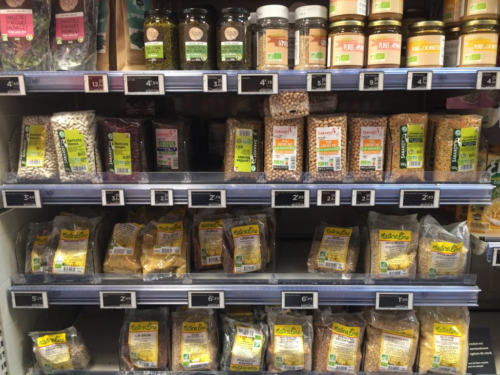 dried beans and grains selection in Paris grocery store