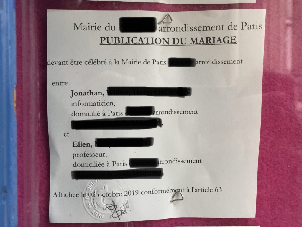 French wedding banns displayed in town hall