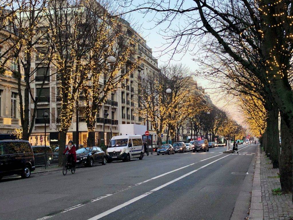 Avenue Montaigne, Christmas 2020, white lights in the trees lining the street