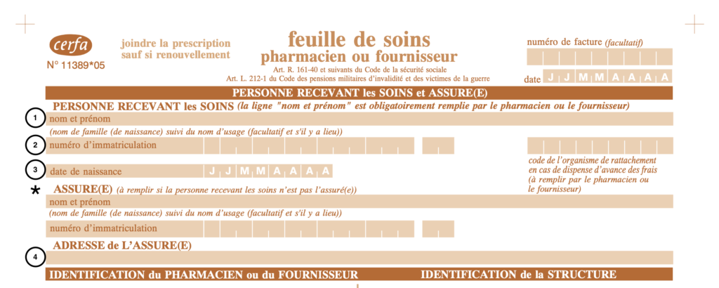 Feuille de soins top portion to fill out