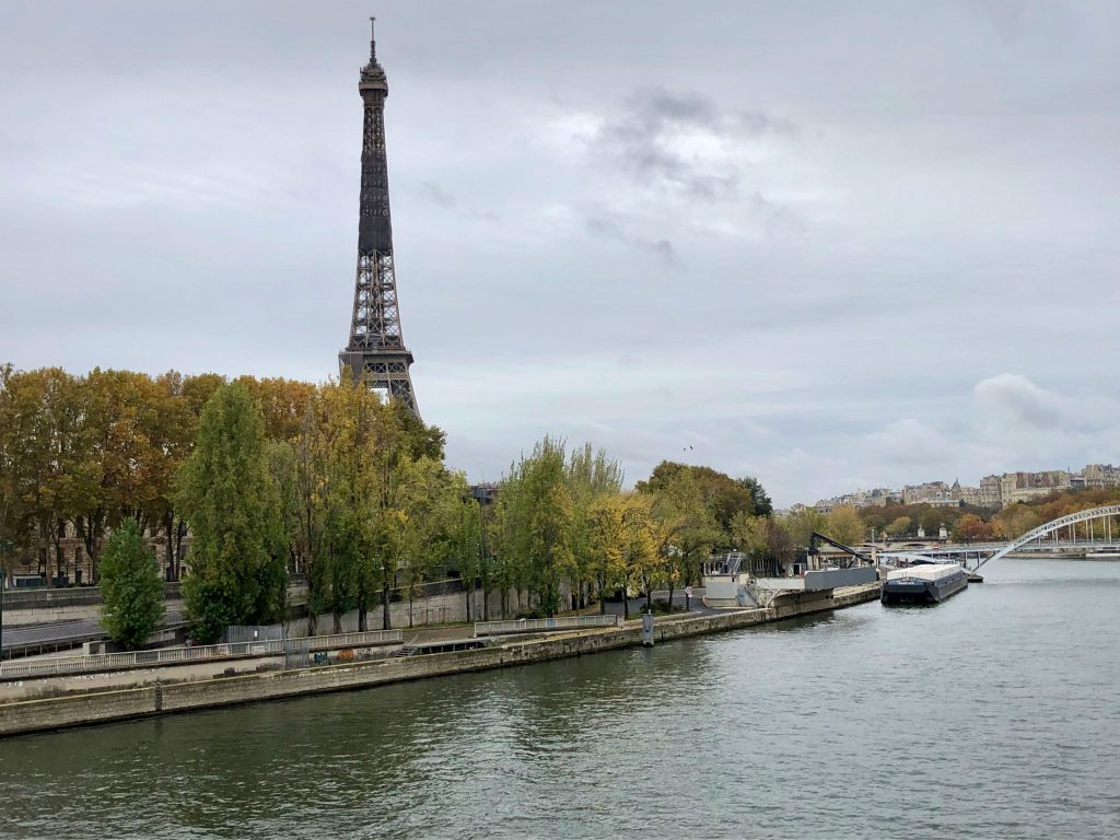 Eiffel Tower on a gray, overcast fall day in Paris