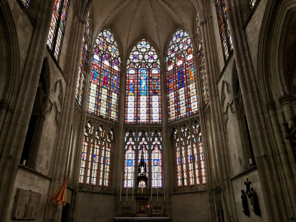 stained glass window inside Basilique Saint-Urbain in Troyes, France