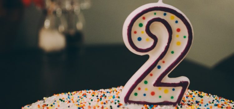 Two-Year Blogging Anniversary number 2 candle on a birthday cake
