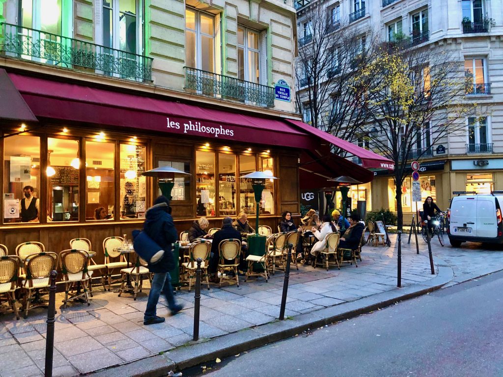 outside terrace of les Philosophes café restaurant in the Paris Marais