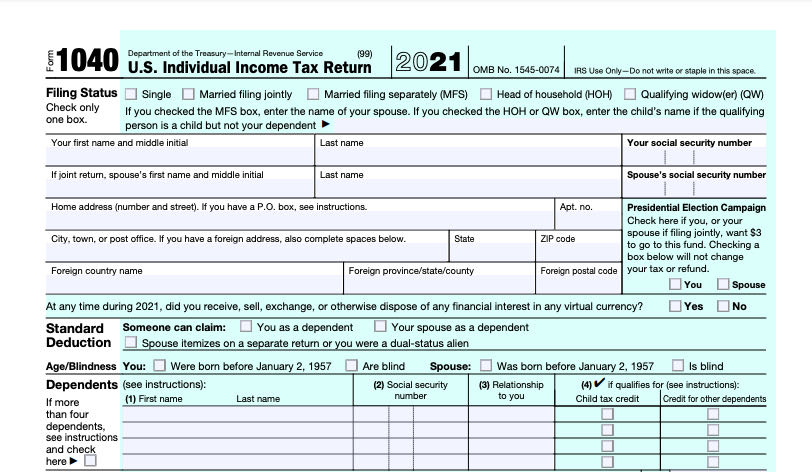 US Tax Form 1040 for tax filing income from 2021
