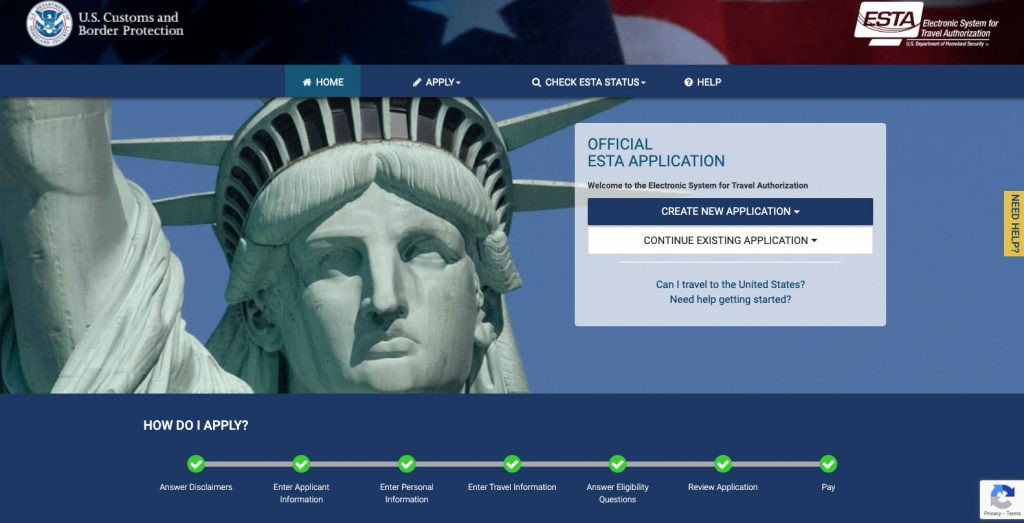 US Customs & Border Protection website screenshot of ESTA homepage