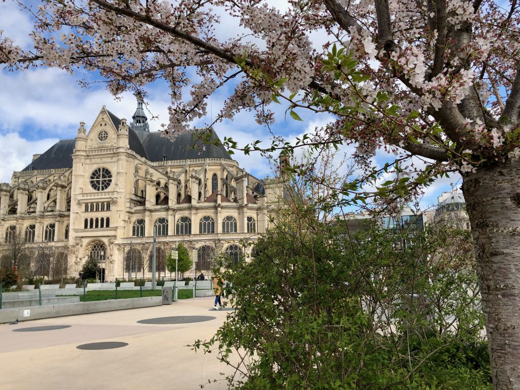 view of Église Saint-Eustache in les Halles from behind cherry blossom trees