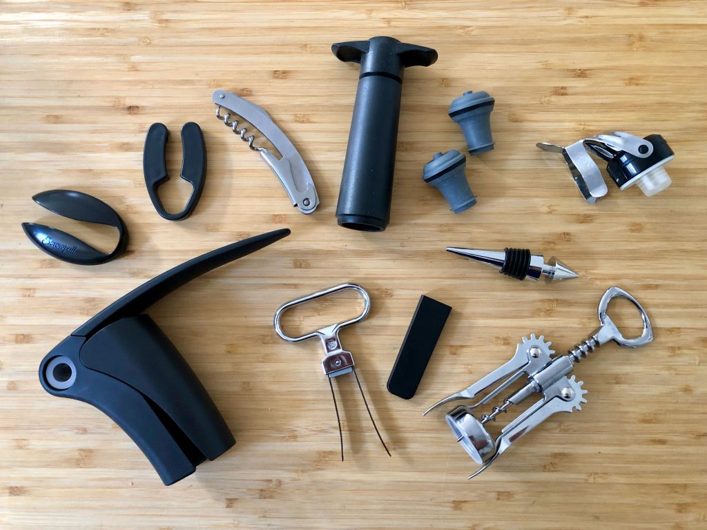 an assortment of wine-opening gadgets