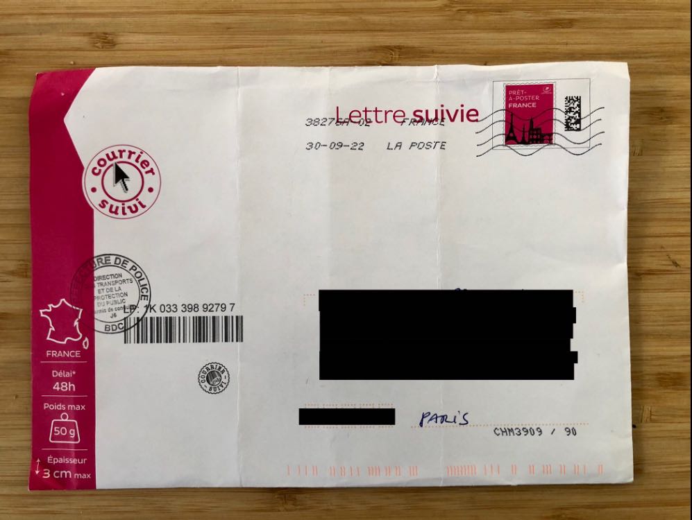 ready-to-mail (prêt-à-poster) C5 envelope, lettre suivie, 50g, used to mail the French international driving permit