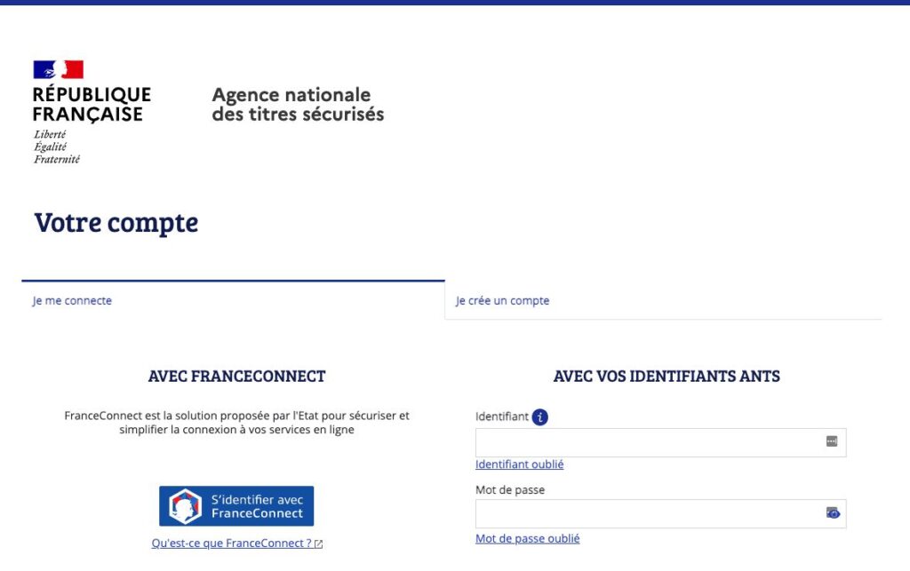 screenshot of ANTS online log in portal to request French international driving permit