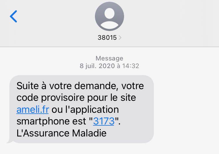 legitimate SMS text message from Ameli supplying temporary code to access the French health insurance account on ameli.fr