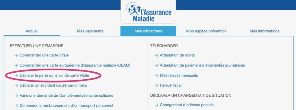 screenshot of ameli.fr page showing how to declare the loss or theft of your carte vitale