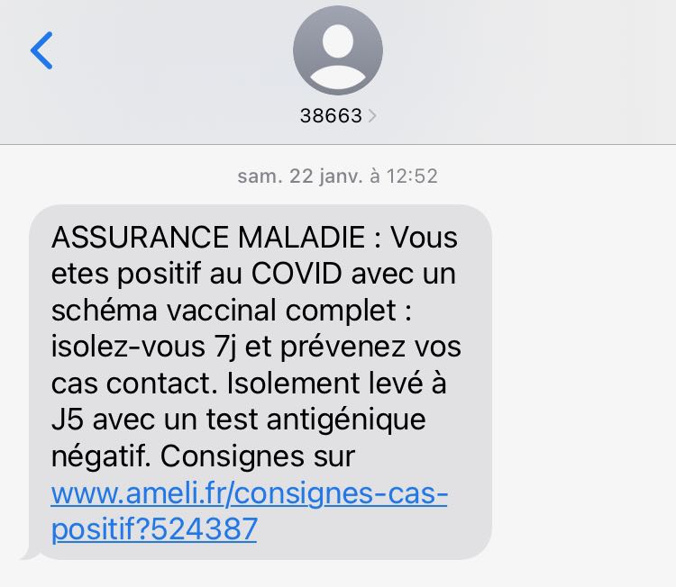 legitimate SMS text message from Ameli / assurance maladie after testing positive for Covid