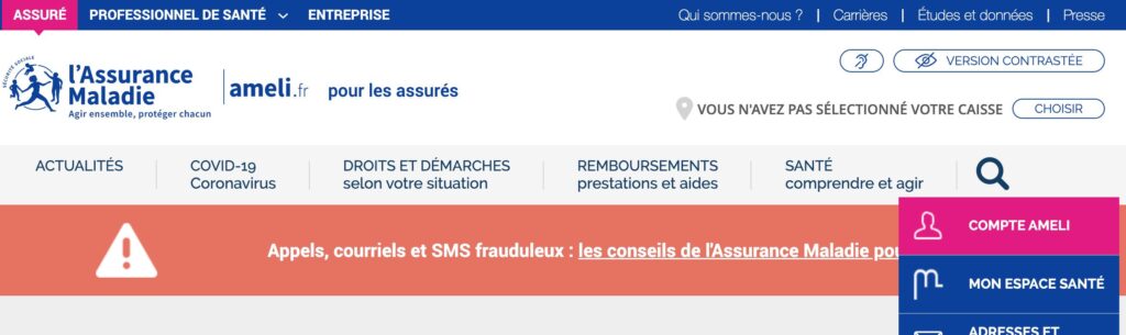 screenshot of ameli.fr homepage; Ameli is the secure interface through which you can access the French healthcare system