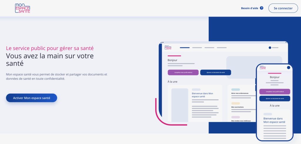 screenshot of mon espace santé login page; a personal online space for health data in France