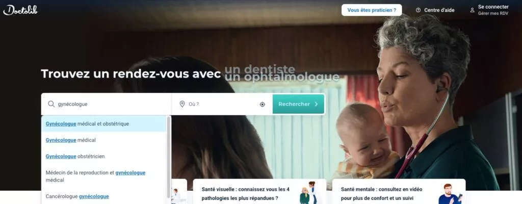 screenshot of the Doctolib website and search feature, demonstrating how to look for and book an appointment with a gynecologist in France