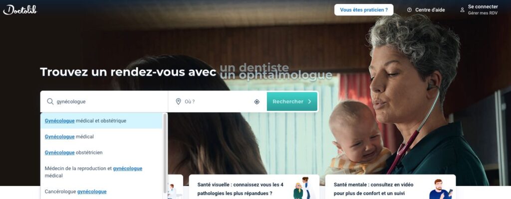 screenshot of the Doctolib website and search feature, demonstrating how to look for and book an appointment with a gynecologist in France