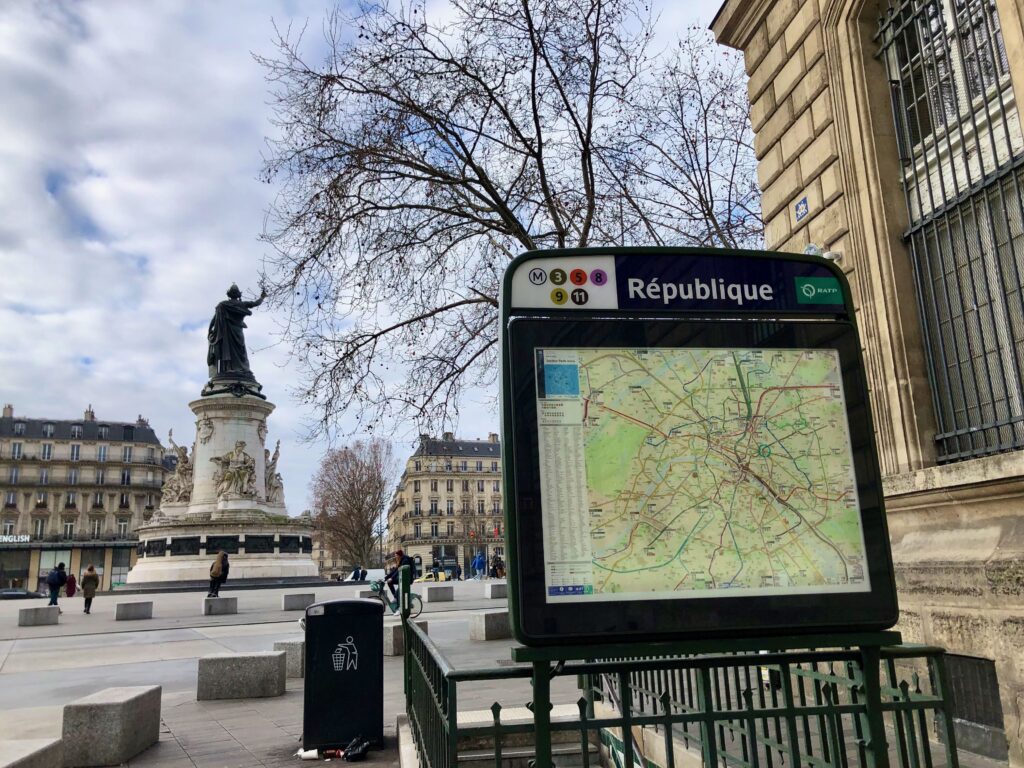 view of place de la République from the Rue du Faubourg du Temple metro entrance