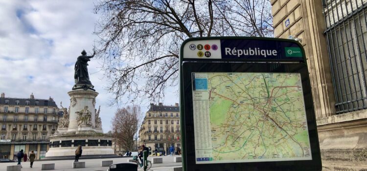 view of place de la République from the Rue du Faubourg du Temple metro entrance