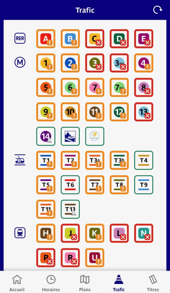 screenshot of RATP phone app, showing the metro, tram, and RER disruptions during a transportation strike in Paris