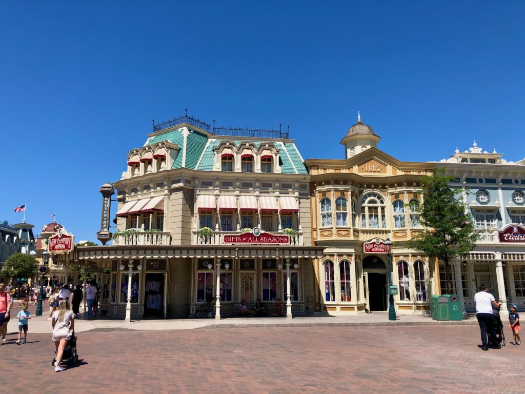 Main Street USA at Disneyland Paris on a summer day with clear blue skies