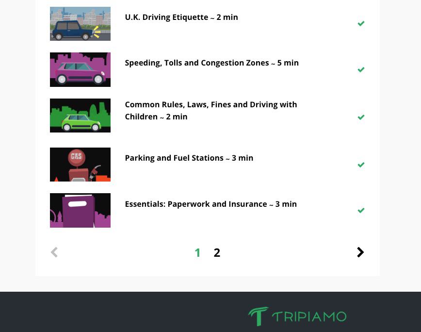 screenshot of Tripiamo dashboard showing a series of expert tutorial videos to learn how to drive as a tourist in the UK; titles include U.K. Driving Etiquette, Common Rules, and Parking & Fuel Stations