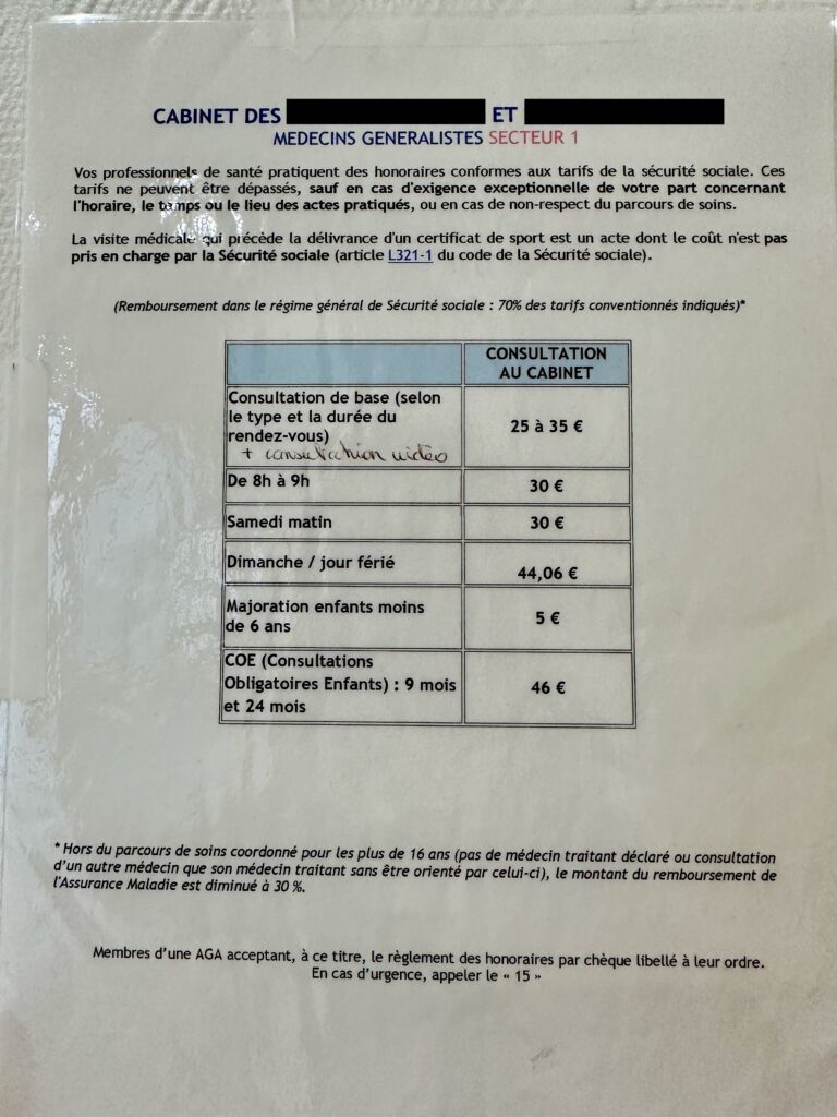 List of prices for consultations and services at a doctor's office in France