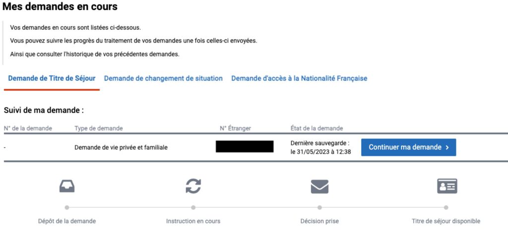 screenshot of how to access your French titres de séjour (residence permit) requests in progress using the new online platform
