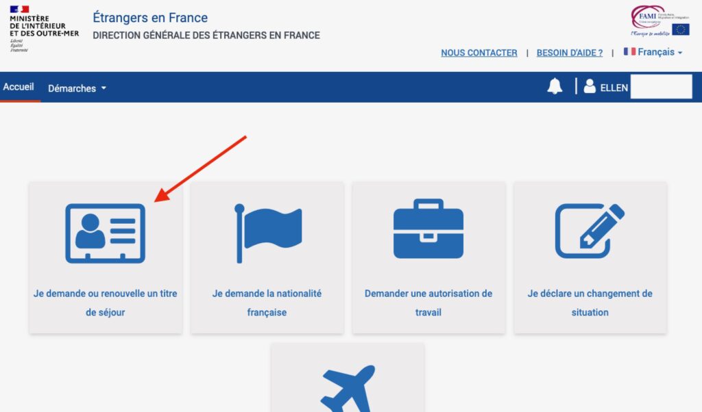 screenshot of the new online interface for renewing and requesting a titre de séjour (residence permit) in France