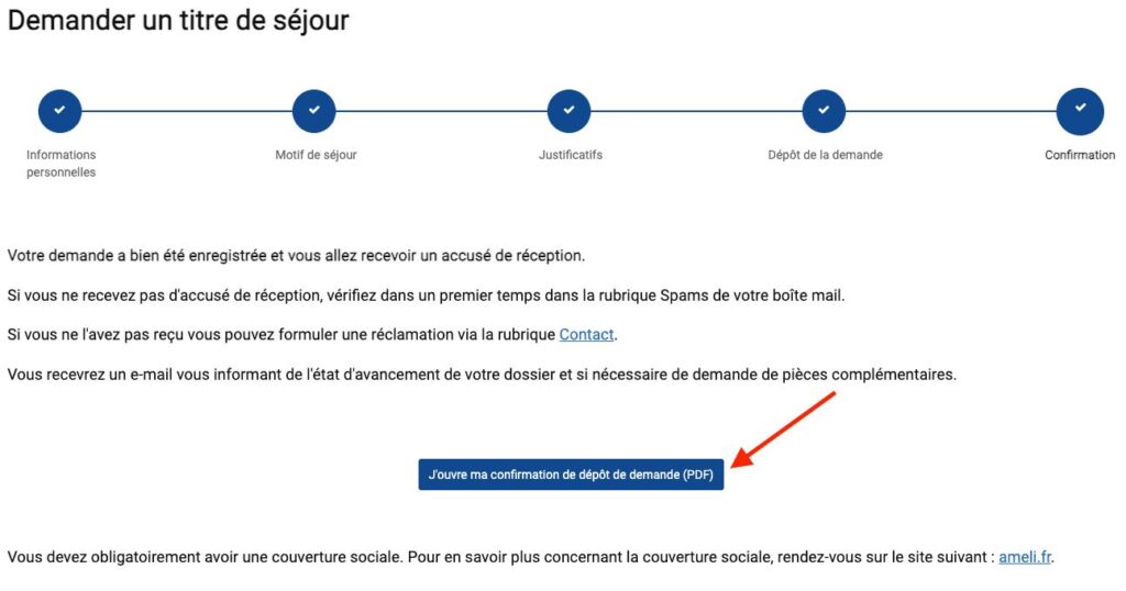 screenshot of the confirmation page after submitting your titre de séjour online renewal application; downloadable confirmation de dépôt de demande PDF