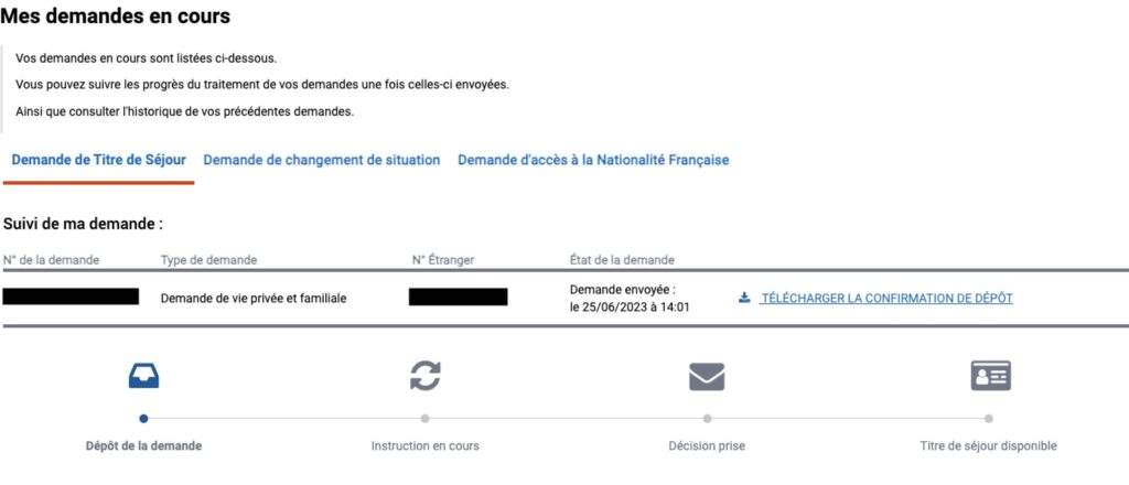 screenshot of how to check on your French titres de séjour (residence permit) requests in progress using the new online platform