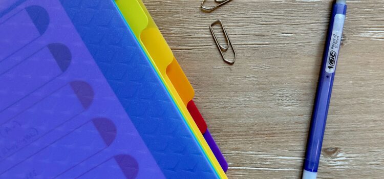 How to Organize Your French Pregnancy Binder colored divider tabs sticking out of semi transparent binder with two paperclips and a mechanical pencil off to the side