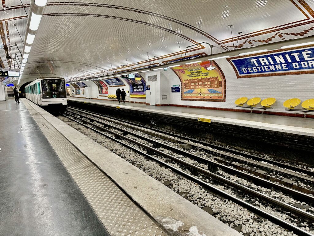Paris metro train approaching the station