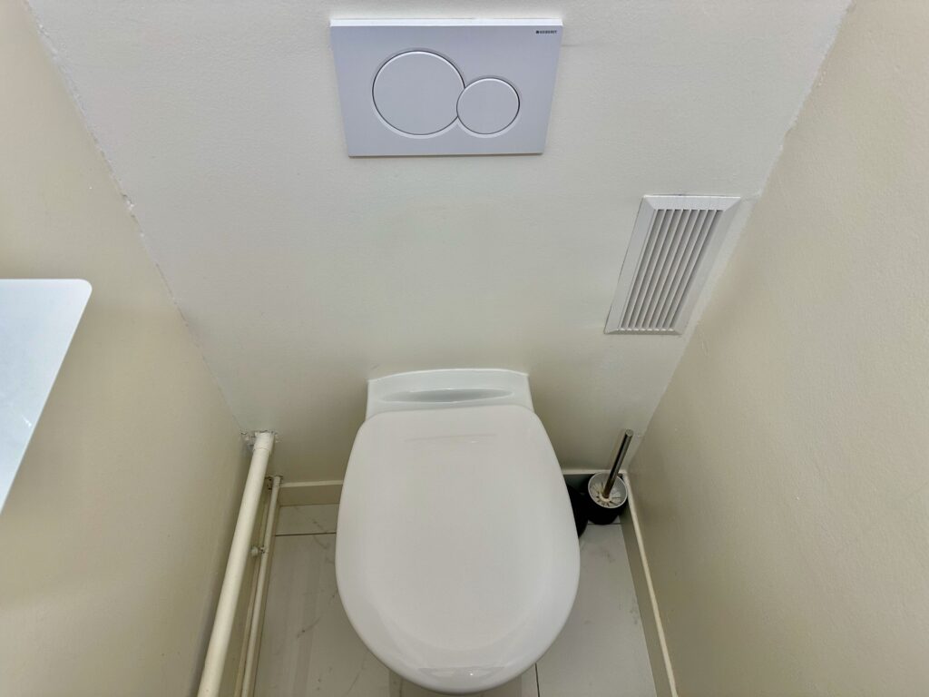 two flush buttons over the toilet in a bathroom in France