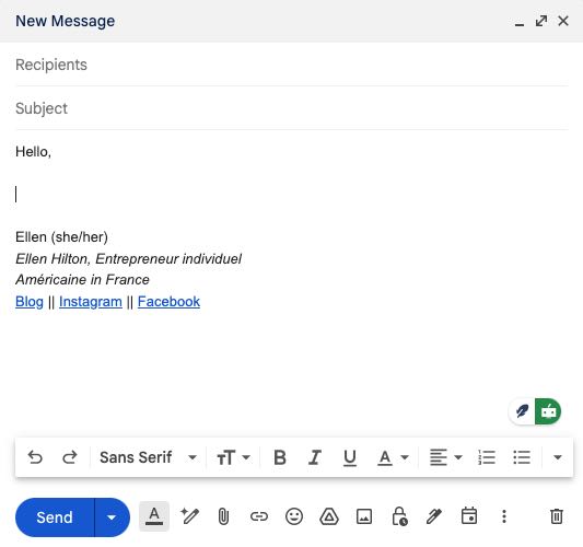 Email signature showing the obligatory mention of "Entrepreneur individuel" for a freelancer in France