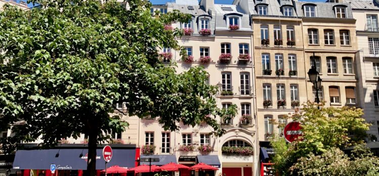 Paris façade in full sun in July. Buildings have zinc rooftops.